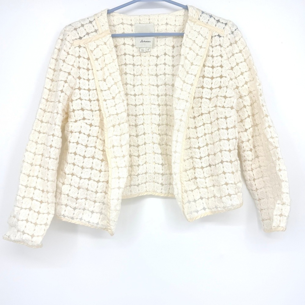Elevenses Anthropologie Ivory Floral Embroidered Lace Open Jacket XS